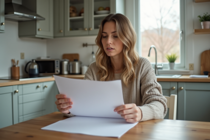Femme lisant des documents d'assurance à la maison