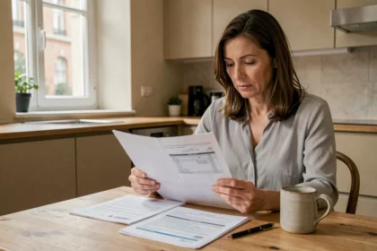 Femme lisant attentivement son contrat d'assurance habitation avant de le résilier