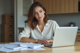 Jeune femme organisant ses papiers de déménagement à la maison