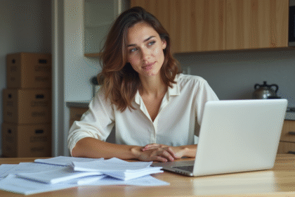 Jeune femme organisant ses papiers de déménagement à la maison