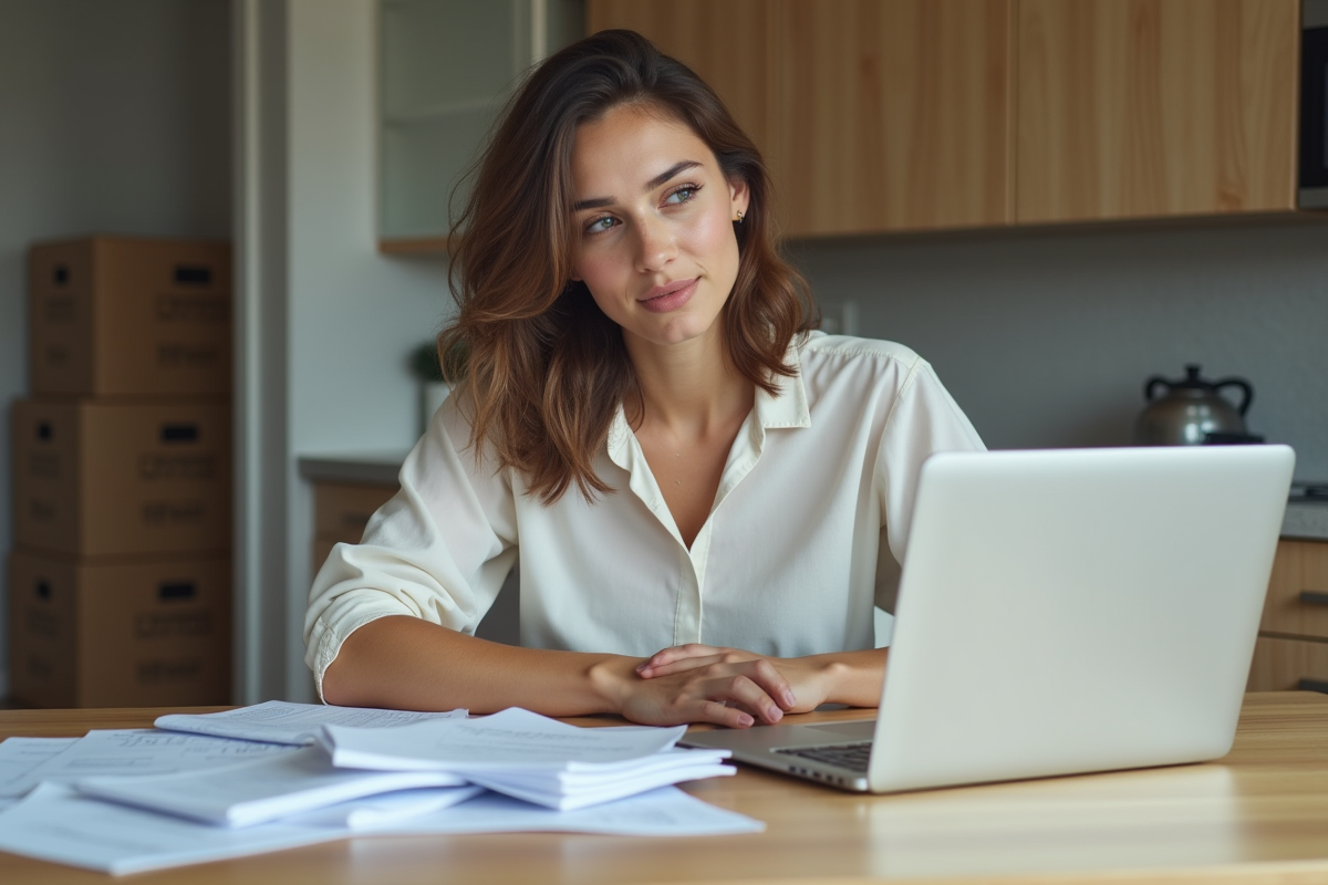 Jeune femme organisant ses papiers de déménagement à la maison