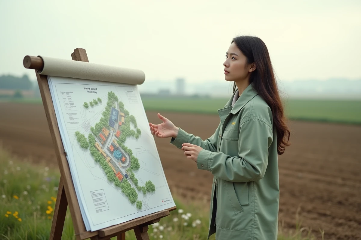 Jeune femme montrant un plan architectural dans un champ