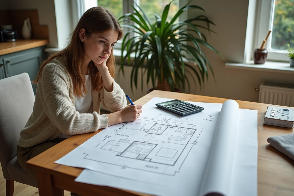Femme dessinant un plan de maison dans la cuisine