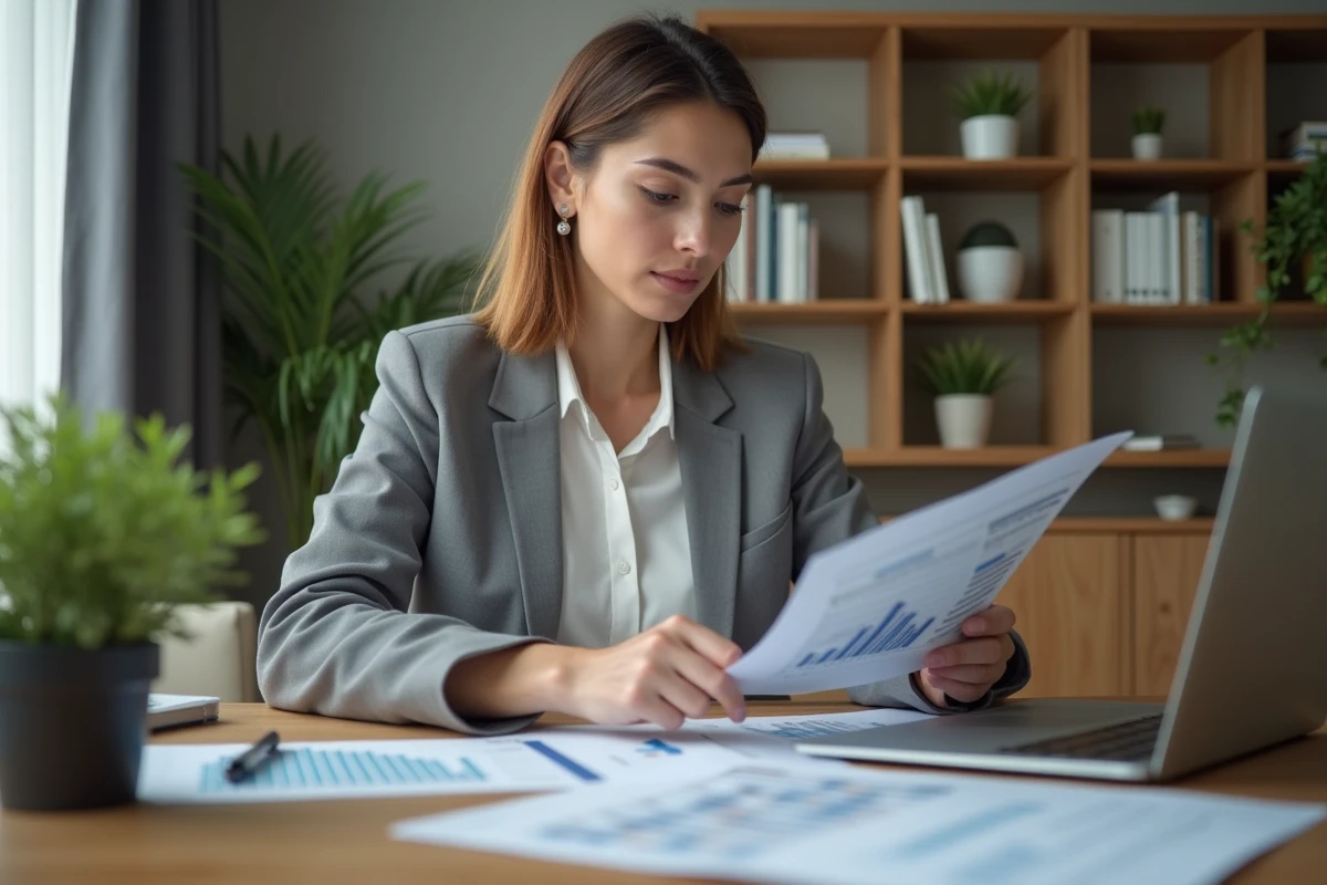 Femme professionnelle en bureau immobilier moderne