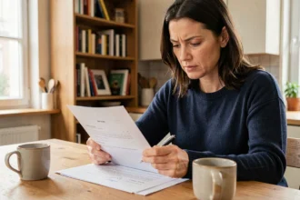 Femme consultant un contrat d'assurance habitation à son bureau pour le résilier grâce à la loi Hamon