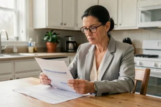 Femme consultant son contrat d'assurance habitation à la table de cuisine pour préparer une résiliation