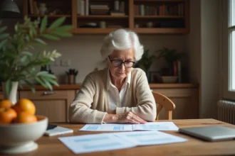 Femme retraitée qui analyse un simulateur viager sur des documents imprimés à sa table de cuisine