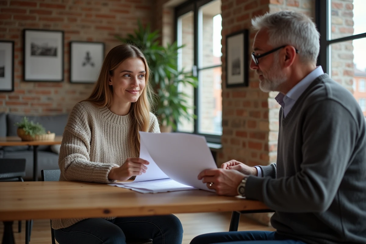 Jeune femme examine des documents de location dans un intérieur chaleureux