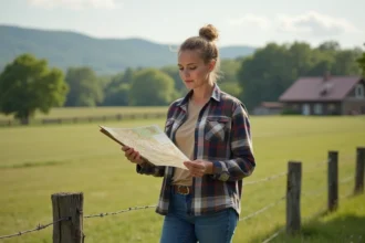 Femme rurale avec clipboard devant un champ