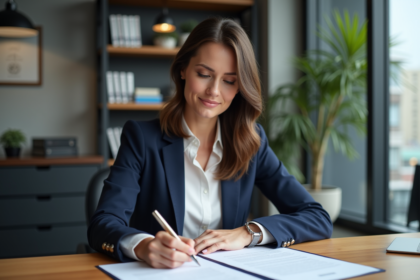 Femme professionnelle signant un document de mortgage dans un bureau moderne