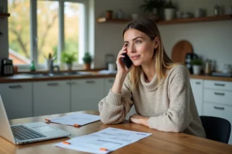 Femme parlant au téléphone dans une cuisine moderne