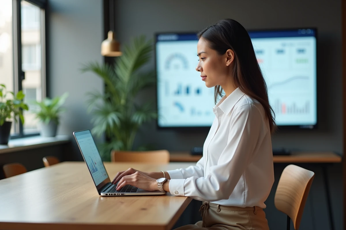 Jeune femme en coworking utilisant un ordinateur portable