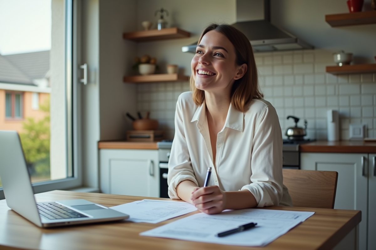 Jeune femme souriante travaillant à la cuisine avec fenêtre neuve