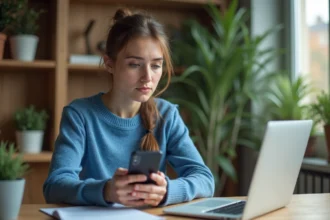 Jeune femme au bureau à la maison avec ordinateur et smartphone