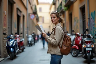 Femme en jeans et veste dans une rue de Mille