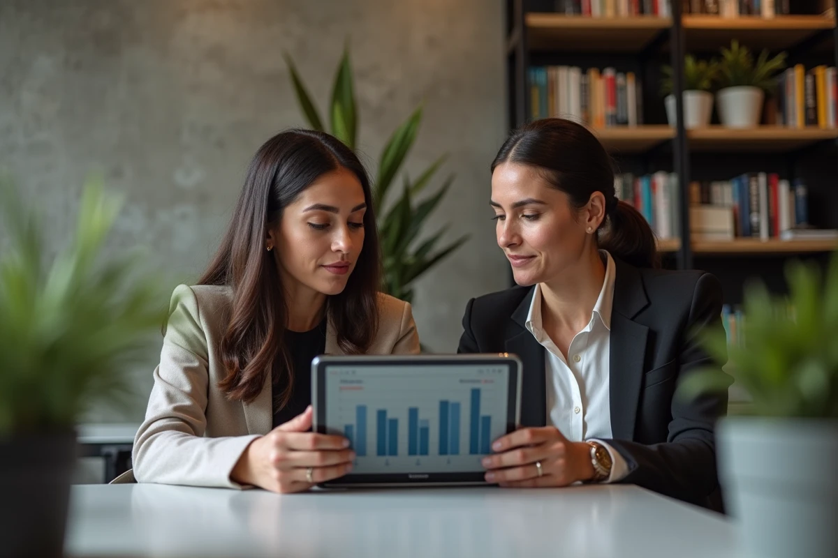 Deux femmes discutant avec une tablette financière