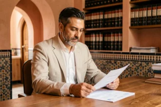 Un homme marocain consulte des documents fiscaux et immobiliers dans un bureau de notaire à Marrakech avant la vente d'un appartement