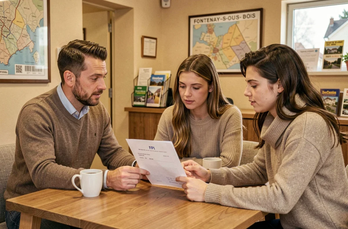 Conseiller FPI Fontenay-sous-Bois examinant une offre de prêt avec un couple de primo-accédants