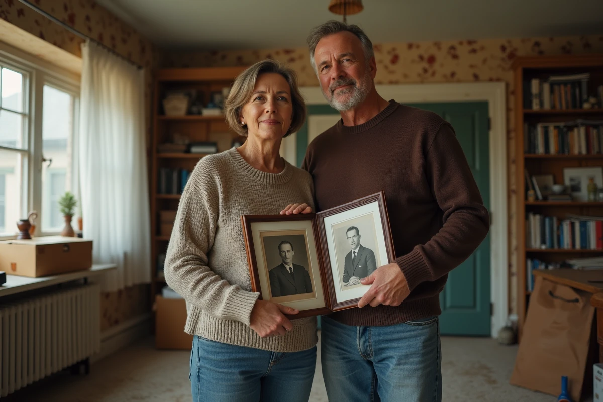 Soeur et frère dans un salon nostalgique avec photos anciennes