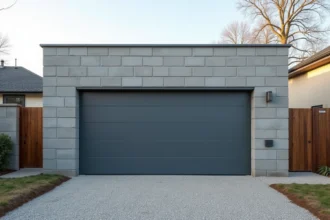 Garage en parpaing nouvellement construit avec porte sectionnelle anthracite sur allée gravillonnée en zone pavillonnaire