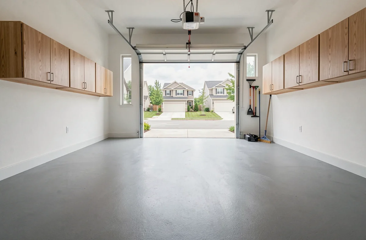 Garage rénové avec sol époxy et rangements modernes prêt à être vendu