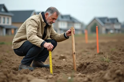 Géomètre mesurant une parcelle de terrain en lotissement avec un ruban d'arpentage, maisons neuves en arrière-plan