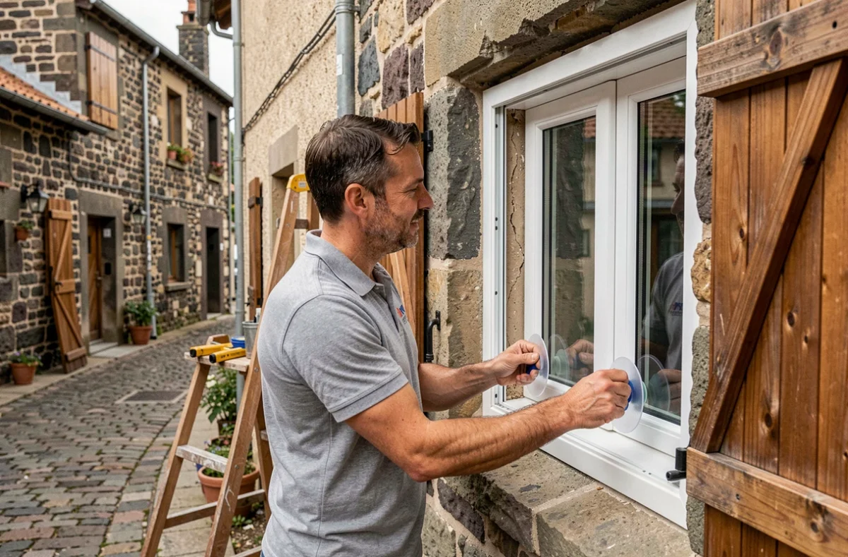 Poseur de GIWALD MENUISERIE installant une fenêtre PVC triple vitrage dans un bâtiment en pierre de Pontgibaud