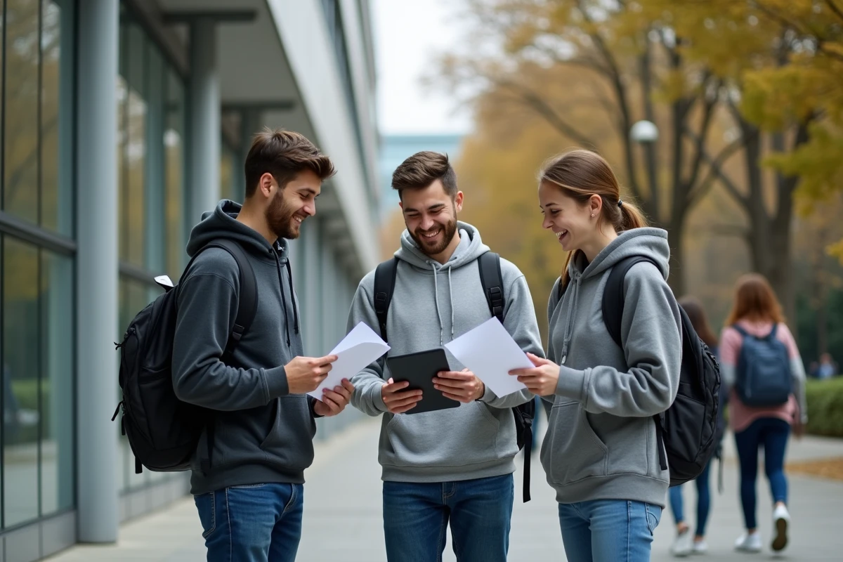 Groupe d'étudiants devant un campus universitaire moderne, représentant la vie académique et sociale à Nidost