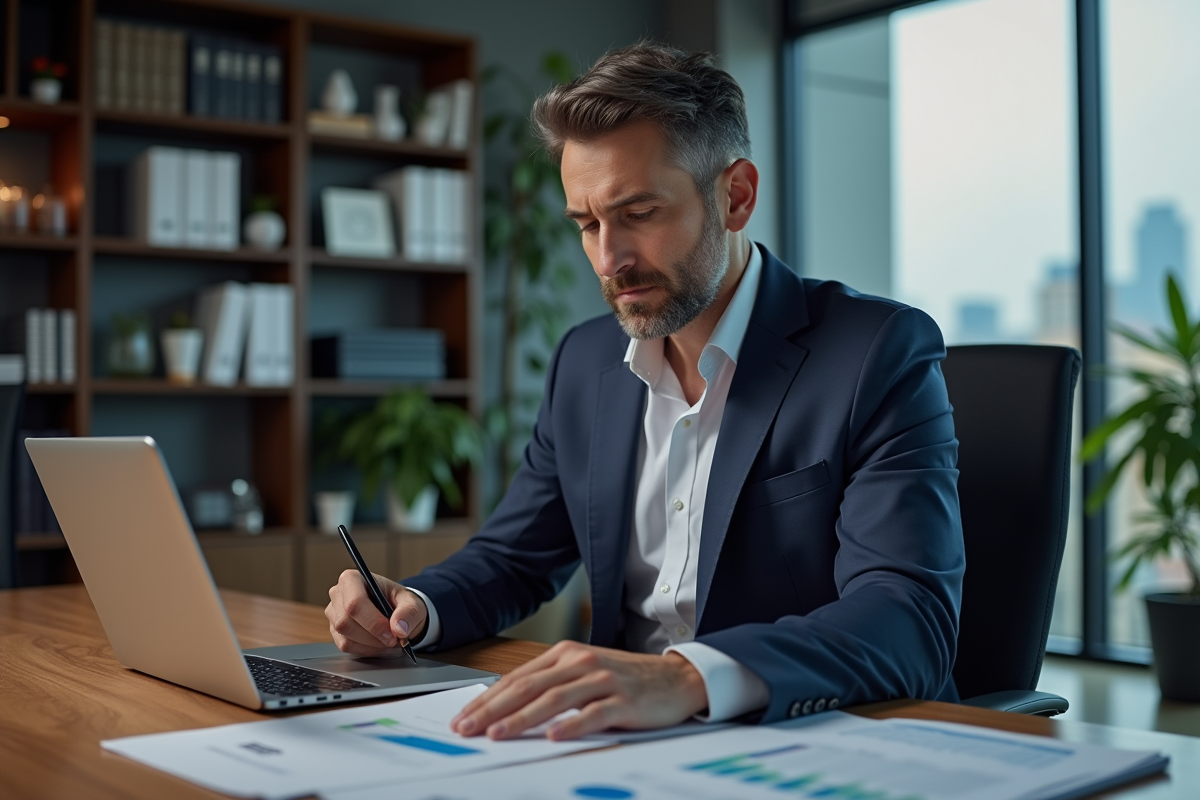 Homme d'affaires en costume bleu concentré au bureau