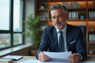 Homme d'affaires en costume bleu examinant des documents immobiliers