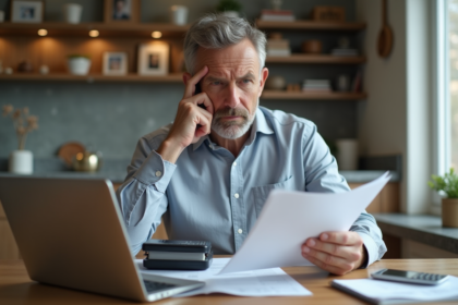 Homme d'affaires réfléchissant avec documents dans une cuisine moderne