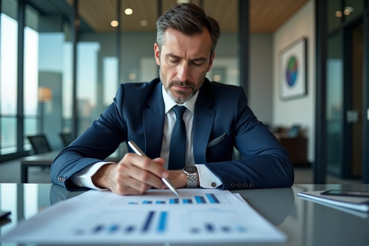 Homme d'affaires en costume bleu analyse des documents financiers