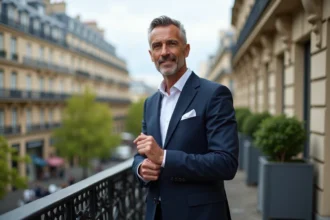 Homme d'affaires en costume sur un balcon parisien