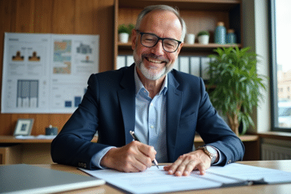 Homme d'affaires en costume signant des documents dans un bureau moderne