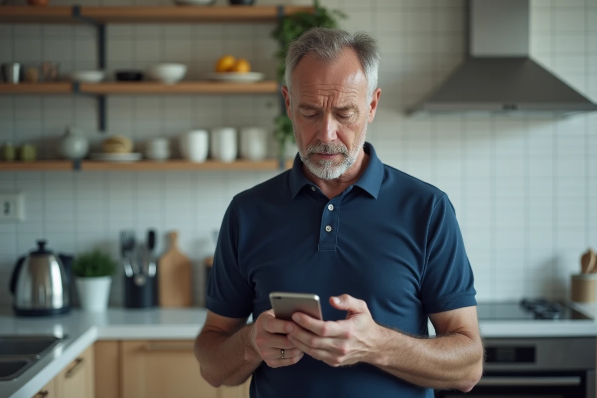 Homme consultant l'application MyFoncia sur son smartphone avec un message d'erreur ou de chargement infini