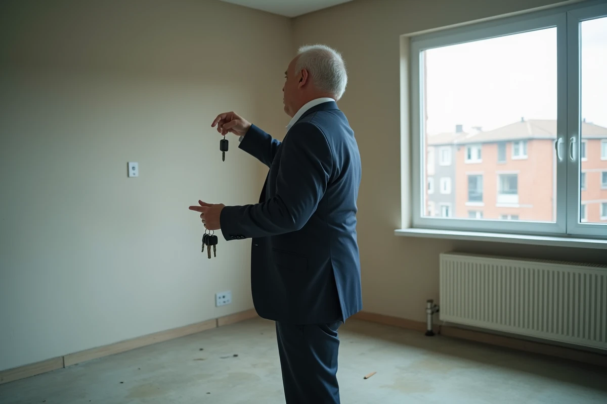 Homme d affaires tenant des clés dans un appartement vide