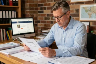 Homme de 40 ans consultant des documents administratifs de déclaration d'achèvement de travaux à son bureau à domicile