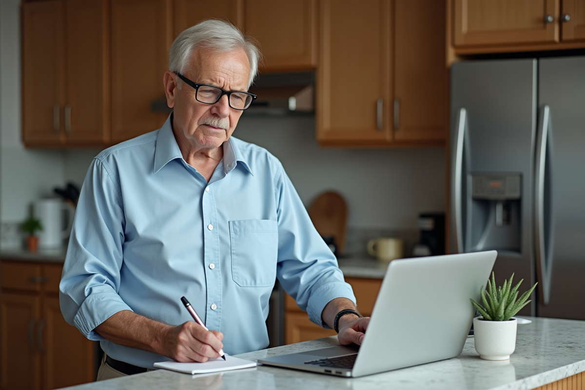 Homme d age consulte ordinateur dans sa cuisine