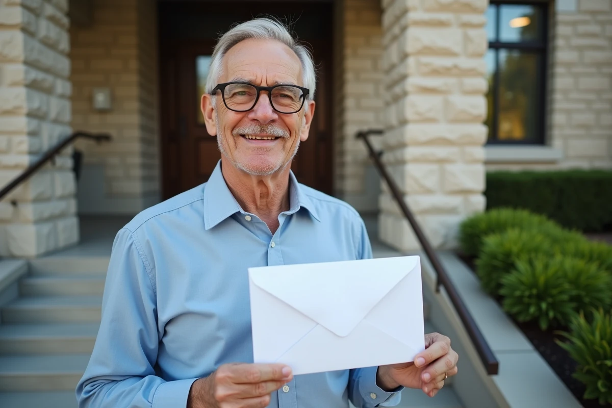 Homme souriant tenant une enveloppe d