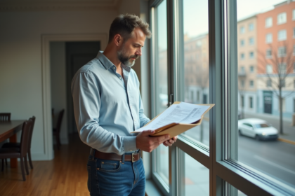 Homme d'âge moyen examinant des documents dans un appartement lumineux