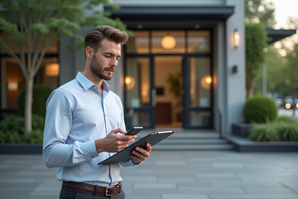 Homme vérifiant des informations devant une agence de location