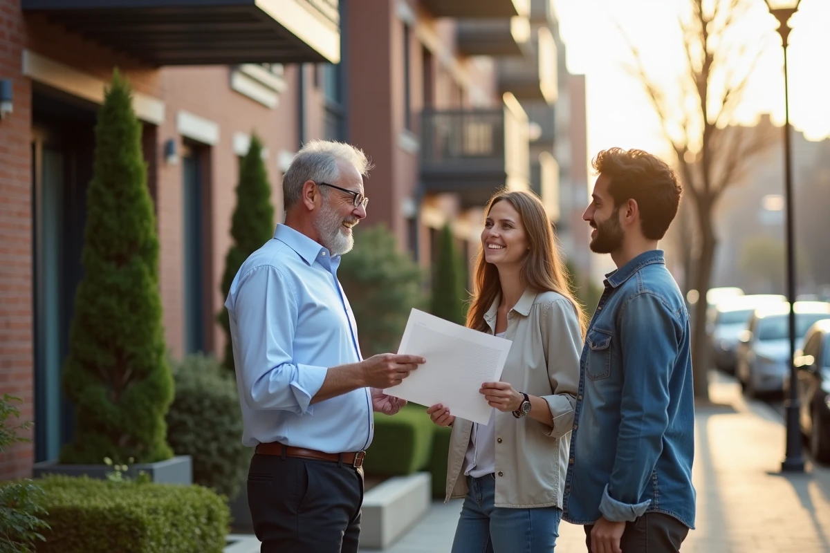 Homme montrant documents de location à un couple