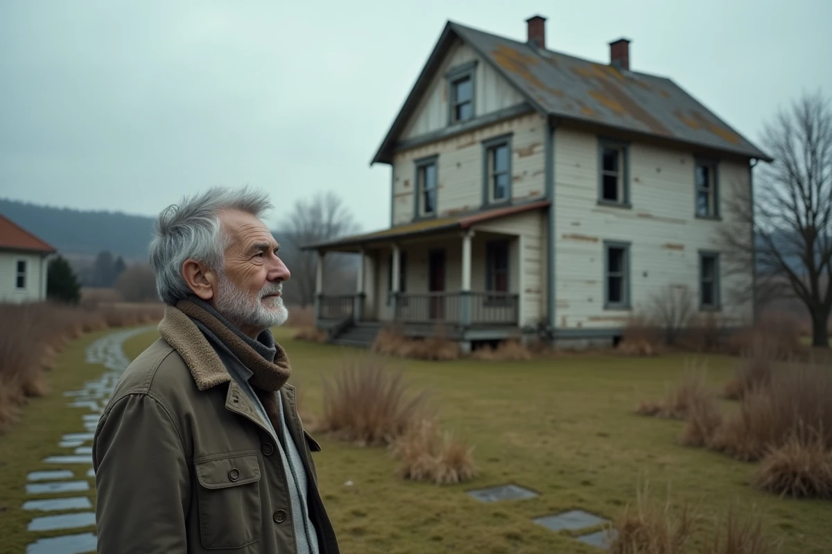 Homme âgé devant une maison abandonnée en milieu rural