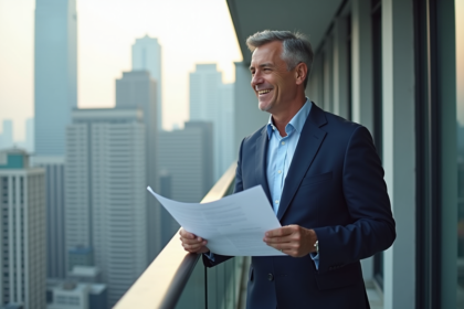 Homme d'affaires en costume bleu sur un balcon de ville