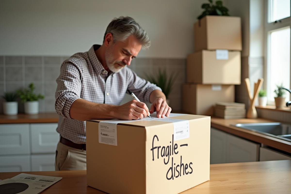 Homme étiquetant une boîte fragile dans la cuisine