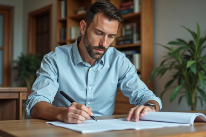Homme en chemise bleue lit des documents immobiliers