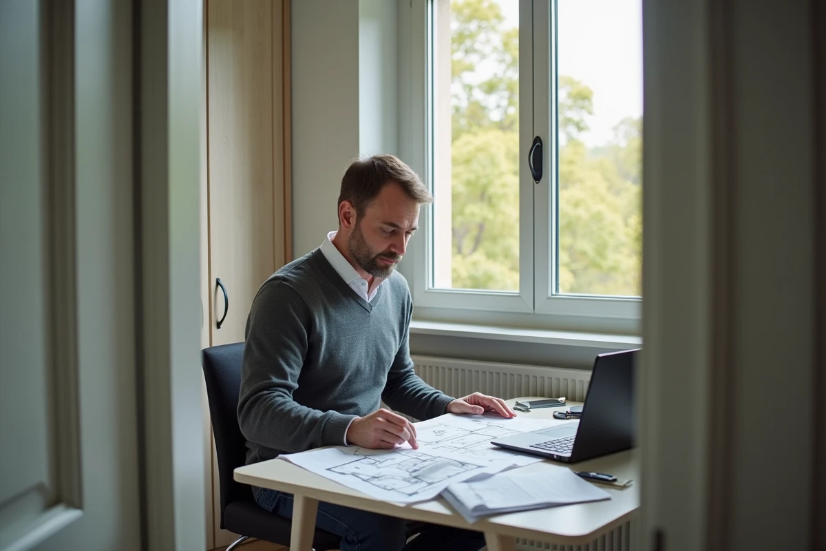 Homme analysant plans d appartement sur bureau