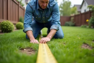 Homme mesurant un jardin avec un mètre ruban