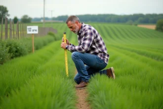 Homme mesurant un champ avec un ruban en plein air
