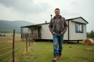 Homme en extérieur près d'un mobil home dans un paysage rural